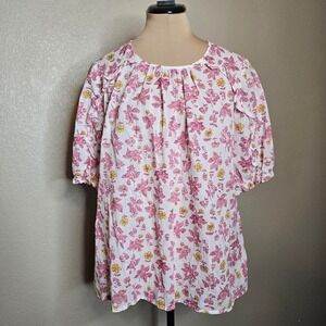 Lucky Brand Women Floral Print Pink White Cotton Ruffle Sleeve Top XL